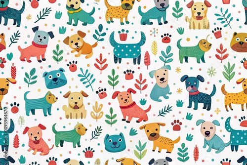 Playful Scandinavian Style Baby Pattern Featuring Cute Doggies and Bones on White Background for Trendy Nursery Decor and Fashion Photography