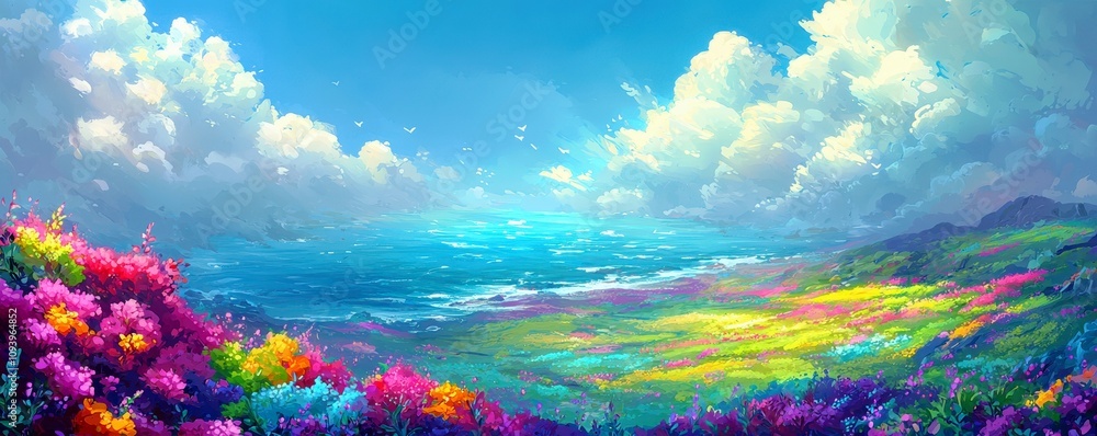 Vibrant Landscape with Colorful Flowers, Lush Green Hills, and Serene Ocean Under a Bright Sky with Fluffy Clouds on a Sunny Day Vibrant Landscape with Colorful Flowers, Lush Green Hills, and Serene Ocean Under a Bright Sky with Fluffy Clouds on a Sunny Day