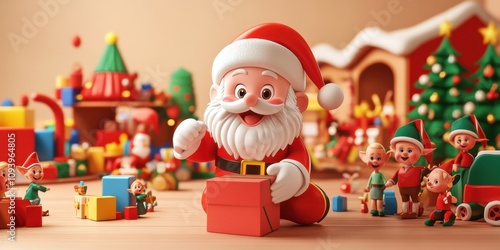 A playful 3D cartoon Santa Claus, with a gift box in hand, surrounded by excited elves, with a festive workshop filled with toys in the background photo