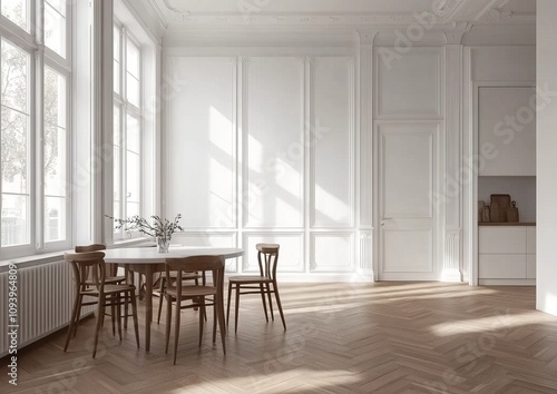 A bright, airy dining room with large windows, white walls, wood floors, and a round wooden table with chairs. photo