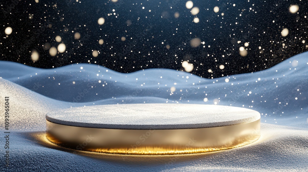 Softly lit gold podium framed by dynamic abstract snow patterns, encapsulating a serene winter evening Softly lit gold podium framed by dynamic abstract snow patterns, encapsulating a serene winter evening