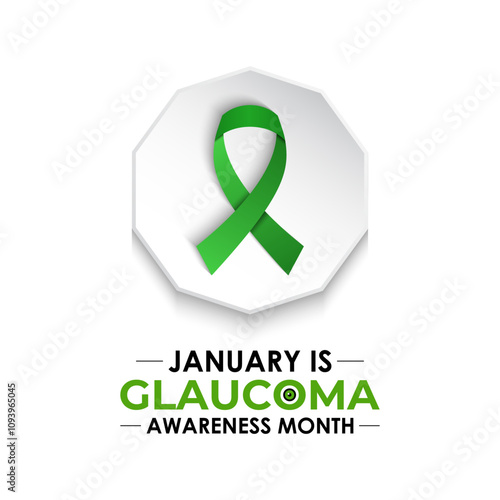 National Glaucoma Awareness Month. Human eye with green awareness realistic Ribbon. Nutritional eye health . Banner poster, flyer and background design template. Vector illustration. Eps 10.