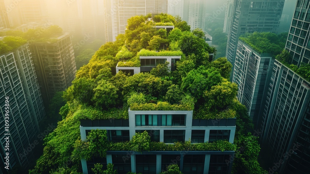 A green rooftop garden atop a modern building amidst a cityscape, promoting urban sustainability. A green rooftop garden atop a modern building amidst a cityscape, promoting urban sustainability.