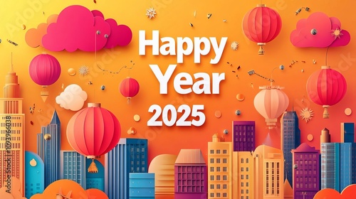 Celebrate New Year 2025 with a paper cutting style themed illustration.