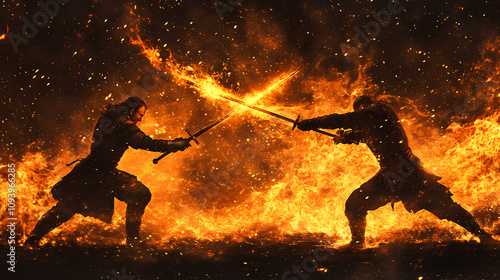 Two warriors engage in a heated sword duel, one wielding a flaming sword, in a dynamic, action-packed fantasy scene. Flaming Sword Duel. Illustration photo