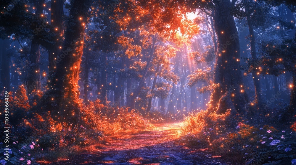 A magical forest scene illuminated by warm light and fireflies, creating a serene atmosphere. A magical forest scene illuminated by warm light and fireflies, creating a serene atmosphere.