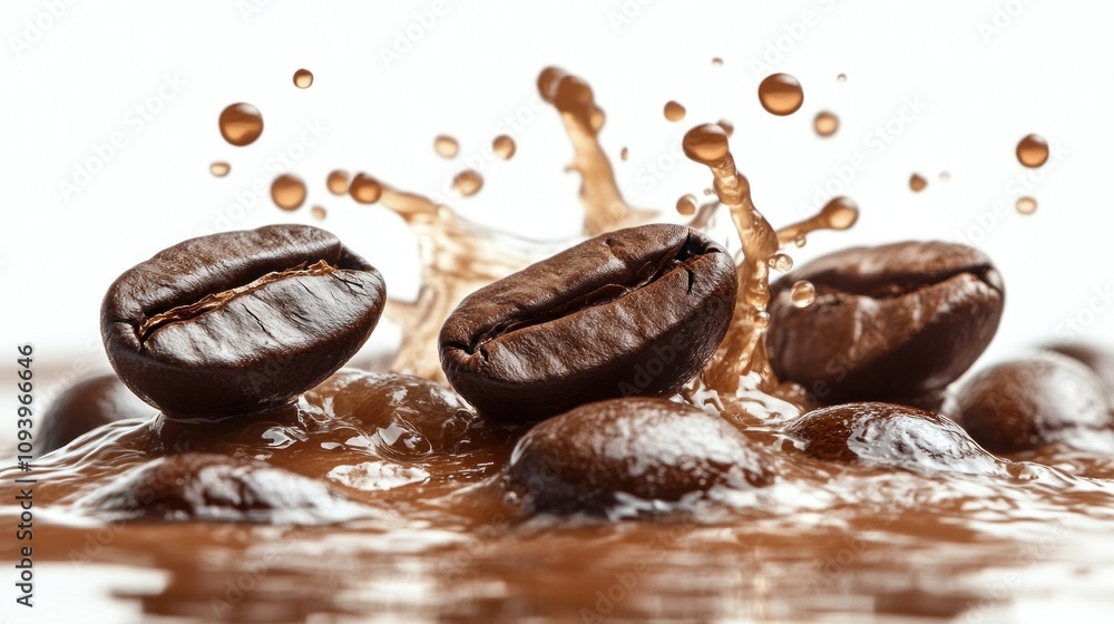 Coffee beans splashing in brown liquid. Coffee beans splashing in brown liquid.
