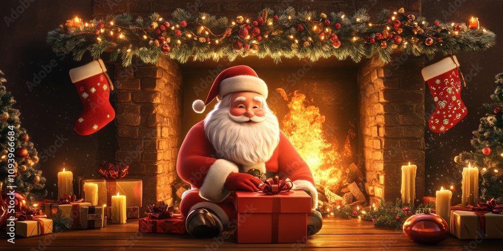 A 3D cartoon Santa Claus placing a gift box in front of a roaring fireplace, with holiday decorations like garlands, stockings, and candles in the background A 3D cartoon Santa Claus placing a gift box in front of a roaring fireplace, with holiday decorations like garlands, stockings, and candles in the background