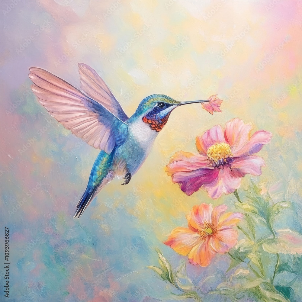 Obraz premium Hummingbird feeding on colorful flower in natural garden vibrant art close-up view nature's beauty