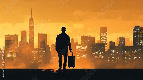 Silhouette of a Man with Luggage Against a City Skyline at Sunset AI Generated