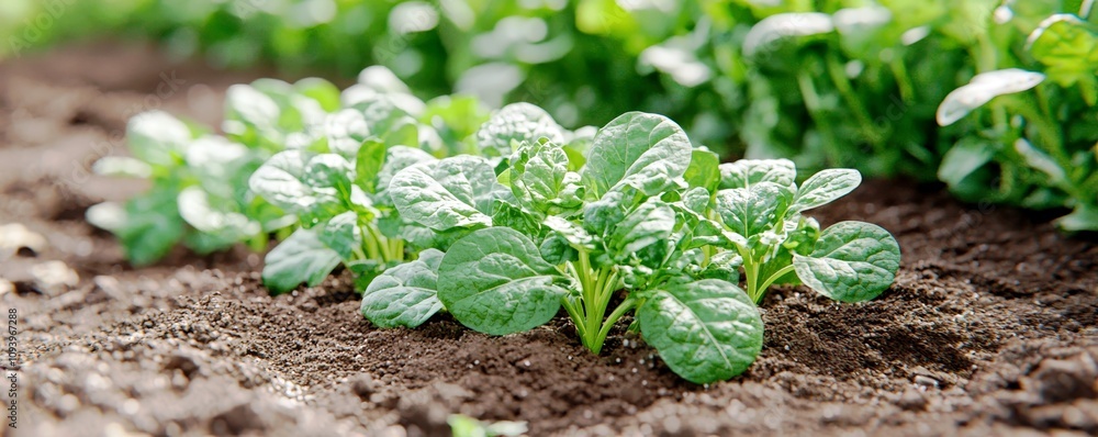 Fresh Green Spinach Plants Growing in Rich Soil Under Bright Sunlight in a Vegetable Garden, Showcasing Healthy Growth and Vibrant Green Leaves Fresh Green Spinach Plants Growing in Rich Soil Under Bright Sunlight in a Vegetable Garden, Showcasing Healthy Growth and Vibrant Green Leaves