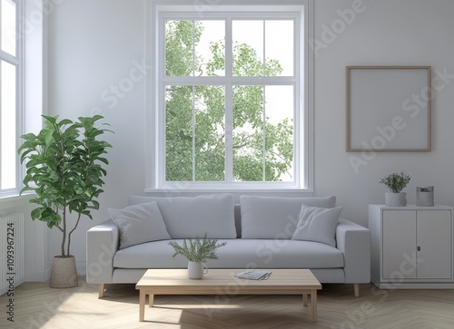 A modern living room with a white sofa, a coffee table, and a plant in a pot. 