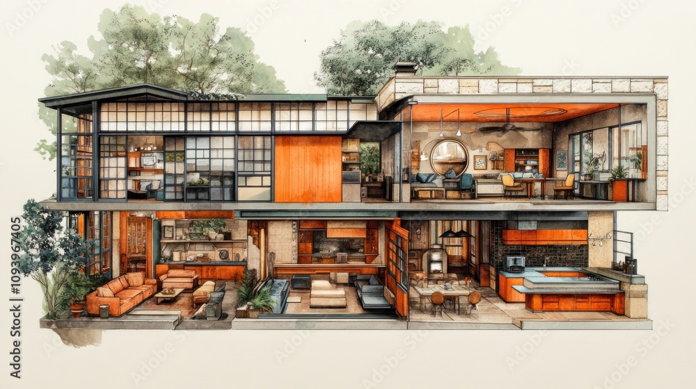 A cross-section of a modern home showcasing interior design and layout. A cross-section of a modern home showcasing interior design and layout.