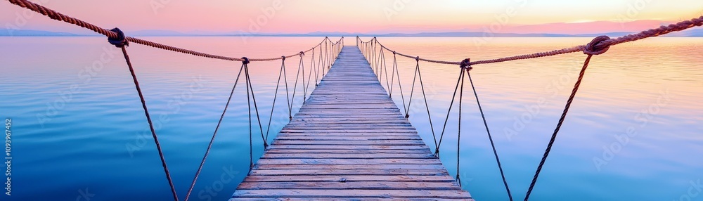 Fototapeta premium Tranquil Wooden Pier Extending Over Calm Waters at Sunrise with Soft Pastel Colors Lighting the Serene Landscape and Inviting Reflection Moments