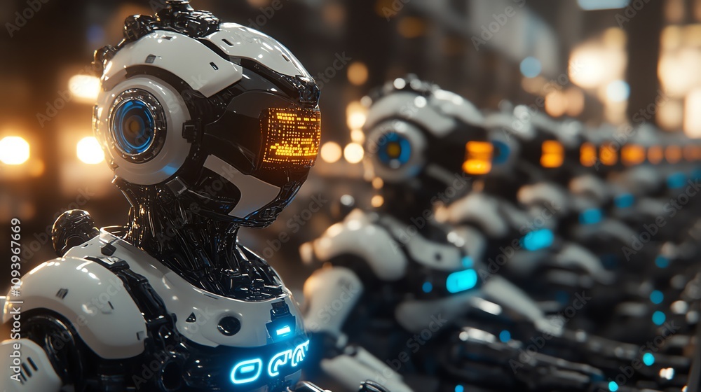 A line of futuristic robots in a factory setting, with glowing lights and a futuristic aesthetic. A line of futuristic robots in a factory setting, with glowing lights and a futuristic aesthetic.