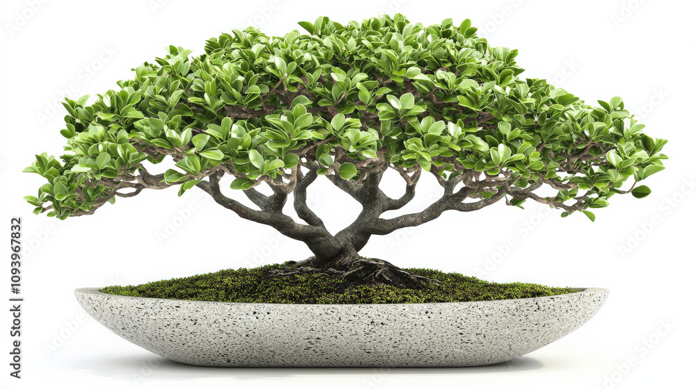 beautiful bonsai tree with soft muted green leaves sits in modern pot, showcasing its intricate branches and lush foliage. This serene plant adds touch of nature to any space