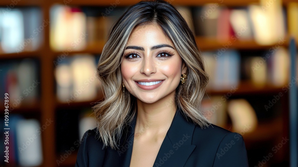 Professional young woman in a tailored suit poses confidently in a modern office environment, showcasing a bright smile and engaging personality surrounded by books. Professional young woman in a tailored suit poses confidently in a modern office environment, showcasing a bright smile and engaging personality surrounded by books.