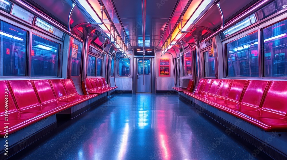 A vibrant, empty subway car illuminated by colorful lights, showcasing modern urban transport. A vibrant, empty subway car illuminated by colorful lights, showcasing modern urban transport.