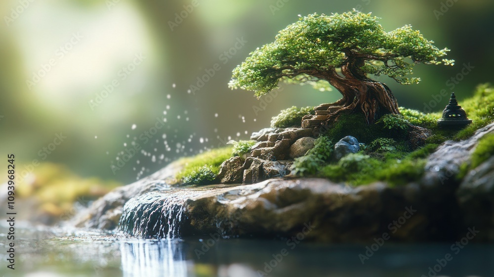 Fototapeta premium Tranquil Bonsai Oasis: A Serene Waterfall and Ancient Tree