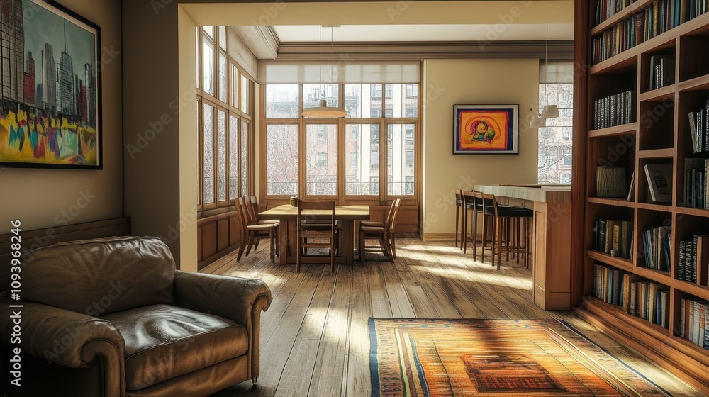 A spacious and well-lit living room with a leather armchair, wooden floors, a rug, a dining table, a bookshelf, and large windows. A spacious and well-lit living room with a leather armchair, wooden floors, a rug, a dining table, a bookshelf, and large windows.