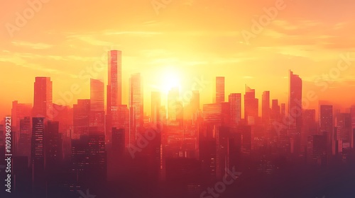 Golden Hour Skyline: Cityscape bathed in the warm glow of sunset. AI Generated