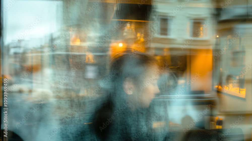 Fototapeta premium Reflections of a contemplative moment in a cozy cafe setting during rainy evening