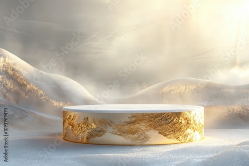 Abstract golden podium encased in translucent icy textures, glowing with Christmas warmth amidst a wintry color palette photo