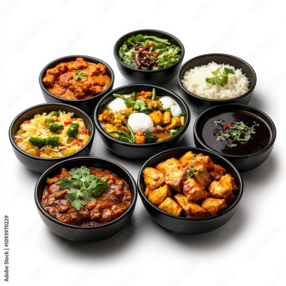 an assortment of delicious dishes in black bowls including rice, curry, and salad an assortment of delicious dishes in black bowls including rice, curry, and salad