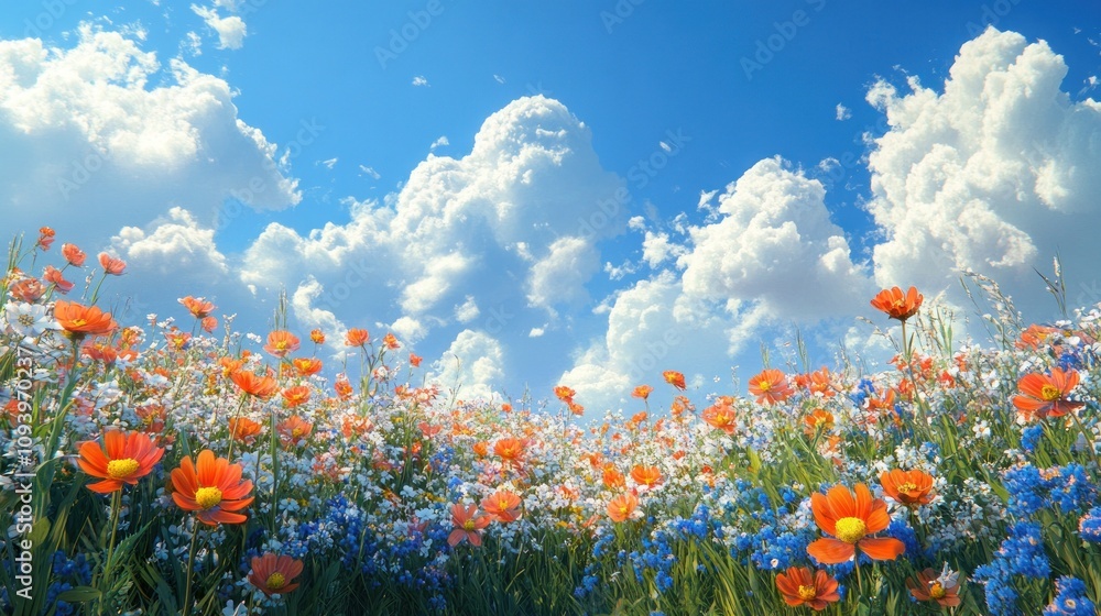 A vibrant field of flowers under a bright blue sky with fluffy clouds. A vibrant field of flowers under a bright blue sky with fluffy clouds.
