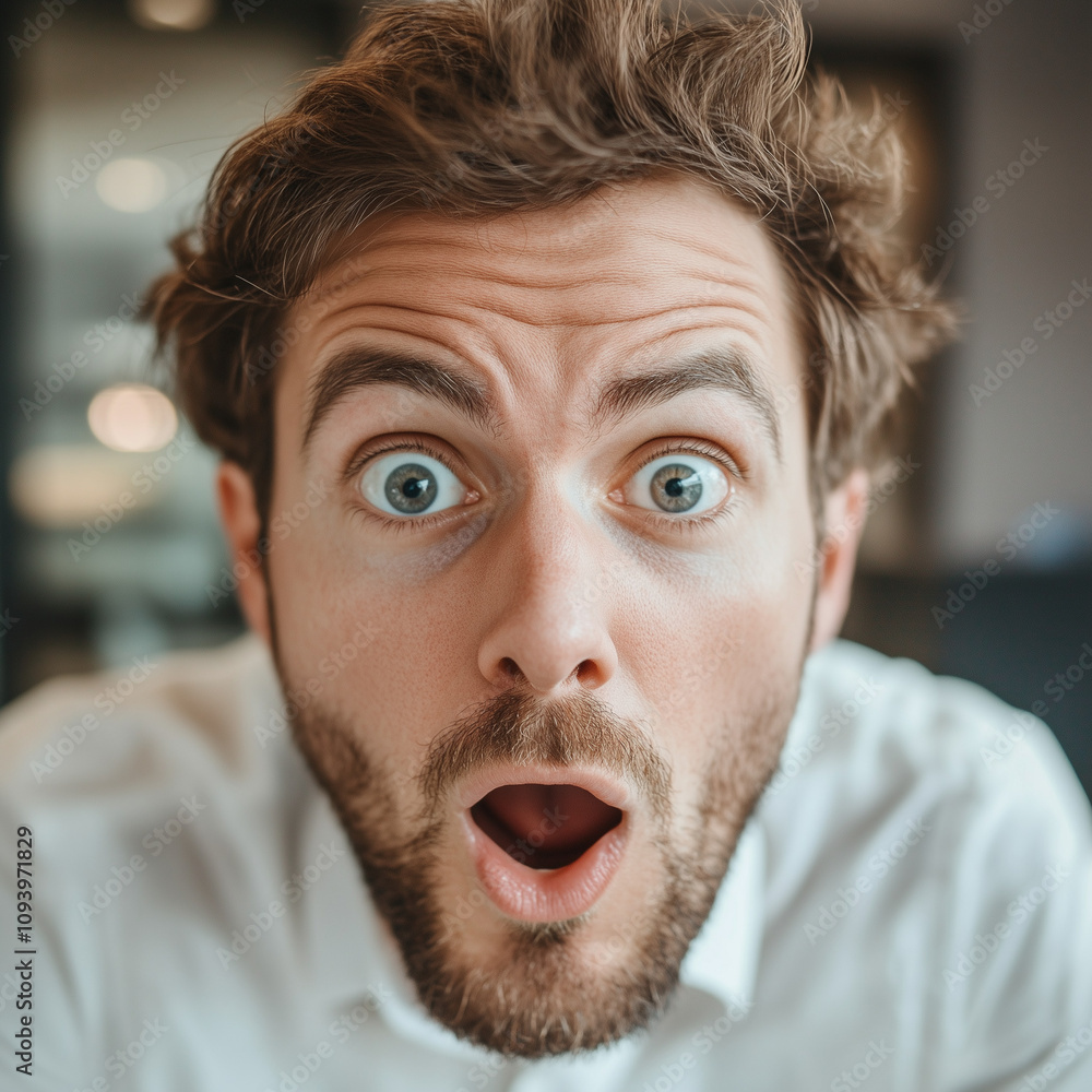 A bearded employee in a white shirt is wide-eyed and open-mouthed, conveying a sense of surprise and amazement in an office environment. Ideal for emotions, expressions, and workplace concepts. A bearded employee in a white shirt is wide-eyed and open-mouthed, conveying a sense of surprise and amazement in an office environment. Ideal for emotions, expressions, and workplace concepts.