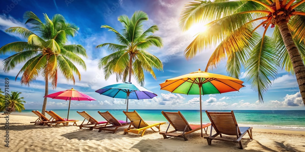 Relaxing Tropical Beach Scene with Colorful Chairs Under Umbrellas for Summer Vacation Vibes and Leisure Activities in Paradise Relaxing Tropical Beach Scene with Colorful Chairs Under Umbrellas for Summer Vacation Vibes and Leisure Activities in Paradise