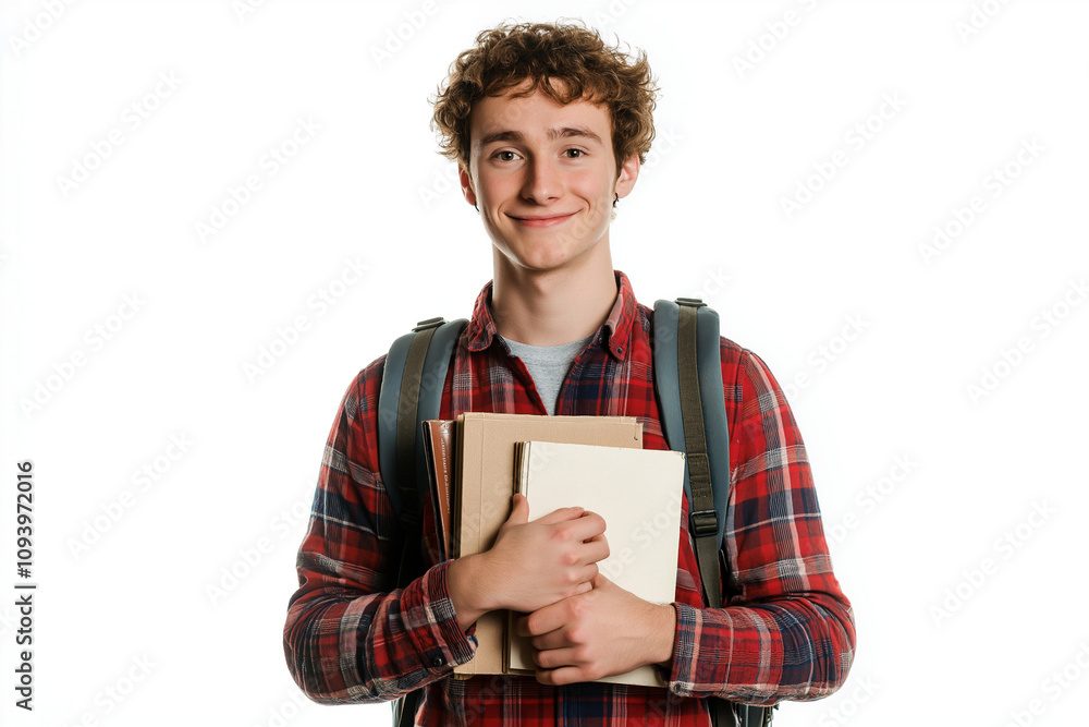 A cheerful young male student with curly hair, holding books and wearing a plaid shirt, stands with a backpack. He expresses positivity and readiness for learning. Ideal for education-related themes. A cheerful young male student with curly hair, holding books and wearing a plaid shirt, stands with a backpack. He expresses positivity and readiness for learning. Ideal for education-related themes.