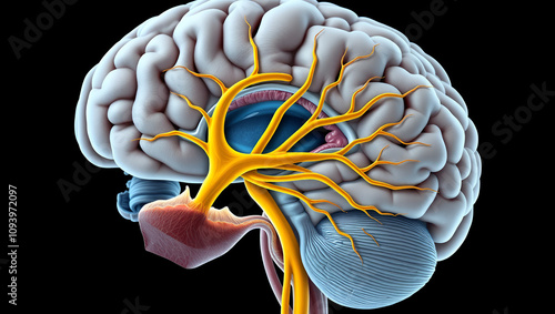 A highly detailed illustration of the human brain's cranial nerves, highlighting the abducens nerve, showing its connections to the eye and surrounding anatomy. photo