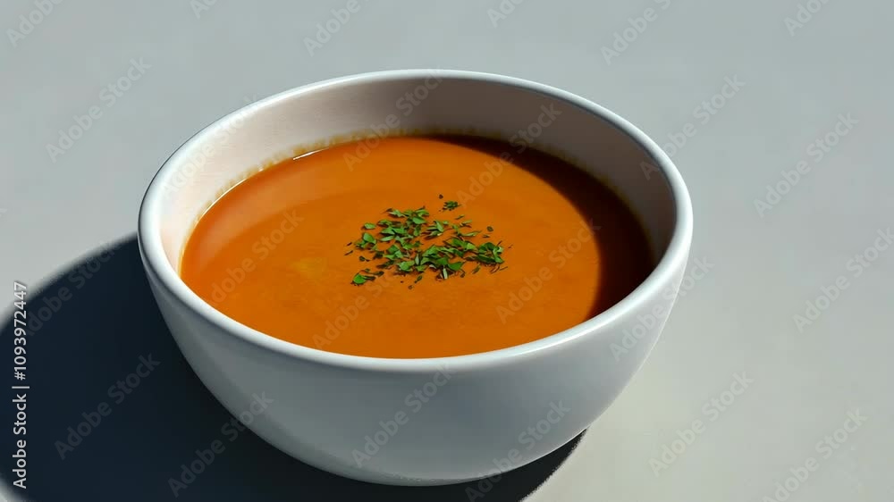 Delicious bowl of creamy tomato soup garnished with fresh herbs sitting on a light surface in natural light Delicious bowl of creamy tomato soup garnished with fresh herbs sitting on a light surface in natural light