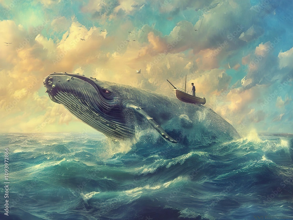 Fototapeta premium A Man Sailing on a Whale's Back Through a Dramatic Sunset Sky