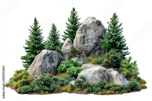 Cutout rock surrounded by fir trees. Garden design isolated on white background. Decorative shrub for landscaping. High quality clipping mask for professionnal composition. photo