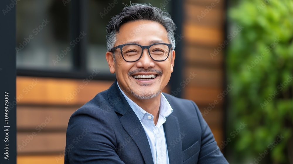 Man smiling confidently outdoors in professional attire during a sunny day at a modern building. Man smiling confidently outdoors in professional attire during a sunny day at a modern building.