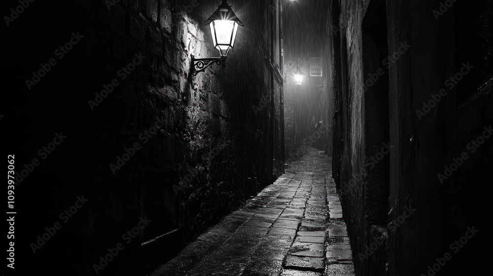 A dimly lit alleyway in the rain, evoking a mysterious and atmospheric mood. A dimly lit alleyway in the rain, evoking a mysterious and atmospheric mood.