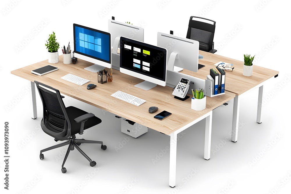 Modern Co-working Office Space with Desk, Computers, and Ergonomic Chairs. Modern Co-working Office Space with Desk, Computers, and Ergonomic Chairs.