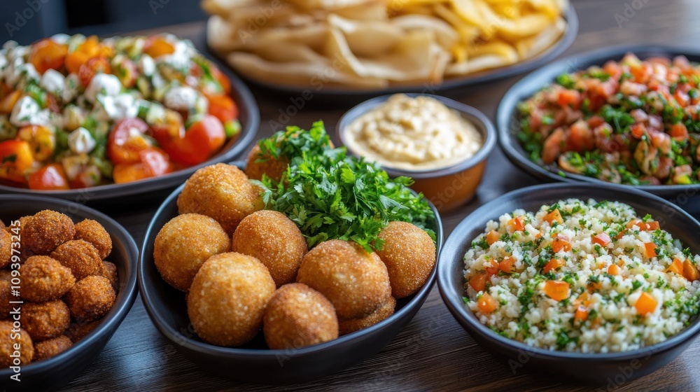 A vibrant assortment of Middle Eastern dishes, showcasing salads, dips, and savory snacks. A vibrant assortment of Middle Eastern dishes, showcasing salads, dips, and savory snacks.