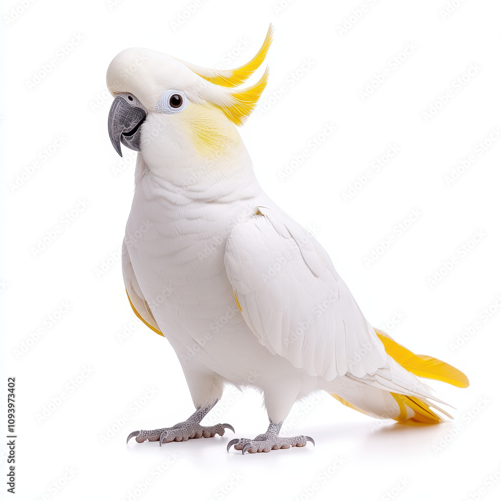cheerful cockatoo with raised crest, showcasing its vibrant yellow and white feathers. This lively bird stands proudly, exuding playful spirit cheerful cockatoo with raised crest, showcasing its vibrant yellow and white feathers. This lively bird stands proudly, exuding playful spirit