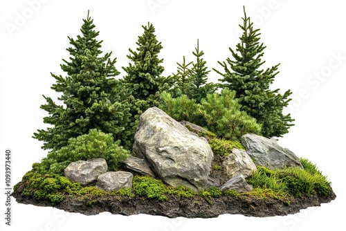 Cutout rock surrounded by fir trees. Garden design isolated on white background. Decorative shrub for landscaping. High quality clipping mask for professionnal composition.