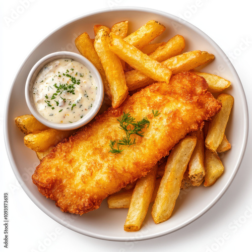 Crispy golden fish fillet served with golden fries and tartar sauce, garnished with herbs. delicious and satisfying meal perfect for any occasion