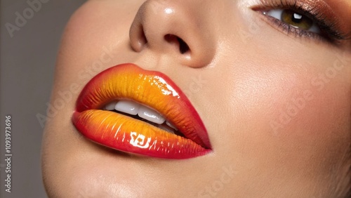 An image of a model with sunsetinspired lips blending warm oranges into mellow yellows the high gloss creating a radiant finish that mimics the glow of a summer evening. photo