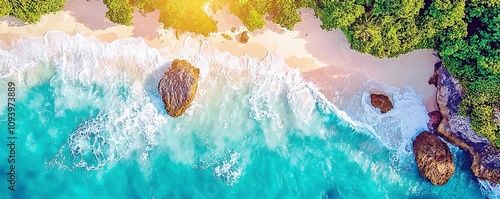 Serene Aerial View of Tropical Beach with Waves Gently Crashing on Soft Sand Surrounded by Lush Greenery and Rocky Outcrops Under Golden Sunlight