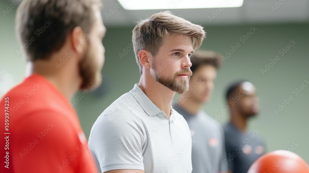 sports science recovery concept, A group of young men stands in a gym, focused on a bowling game, showcasing their determination and camaraderie. sports science recovery concept, A group of young men stands in a gym, focused on a bowling game, showcasing their determination and camaraderie.