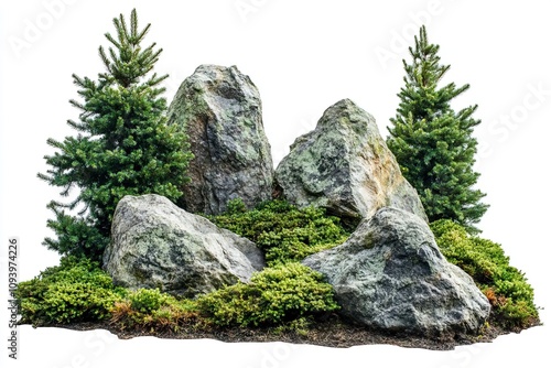 Cutout rock surrounded by fir trees. Garden design isolated on white background. Decorative shrub for landscaping. High quality clipping mask for professionnal composition. photo