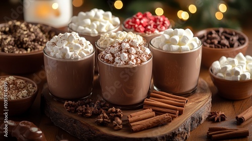 Wallpaper Mural Six mugs of hot chocolate with various toppings, surrounded by marshmallows, chocolate shavings, cinnamon sticks, and star anise on a wooden board. Torontodigital.ca