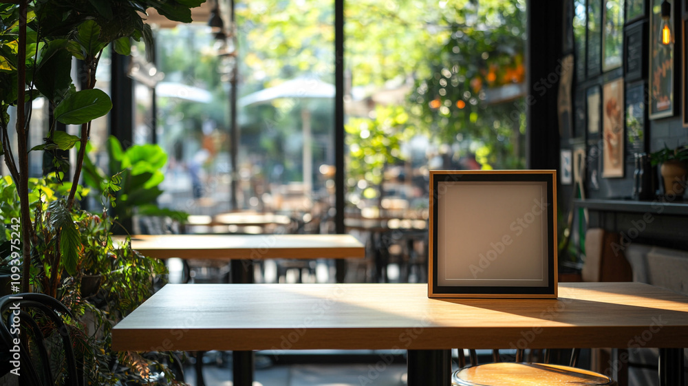 Cozy cafe interior featuring a blank menu sign amidst greenery and sunlight Cozy cafe interior featuring a blank menu sign amidst greenery and sunlight