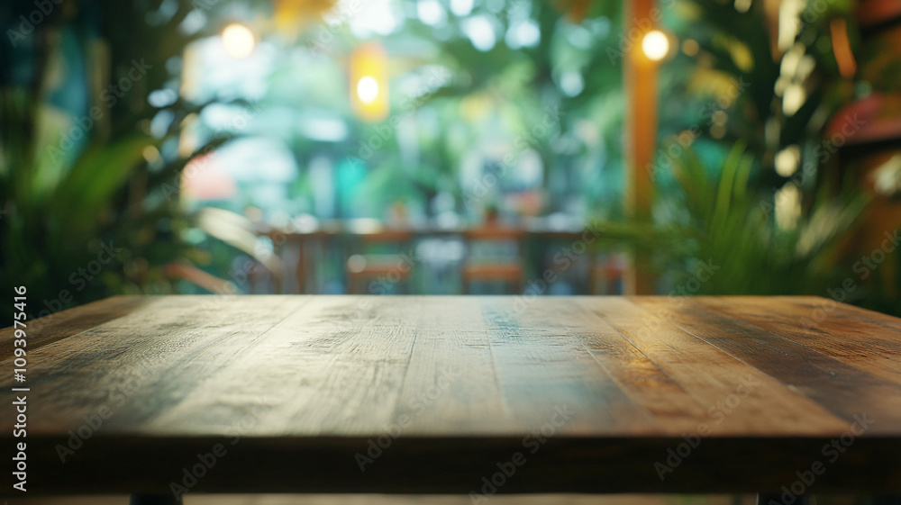 Wooden table foreground, vibrant greenery, and soft lighting create an inviting atmosphere Wooden table foreground, vibrant greenery, and soft lighting create an inviting atmosphere